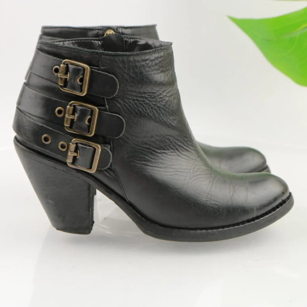 SCHUTZ Womens Sher Boots Size 6.5 Black Leather Triple Buckle Block Heel Booties